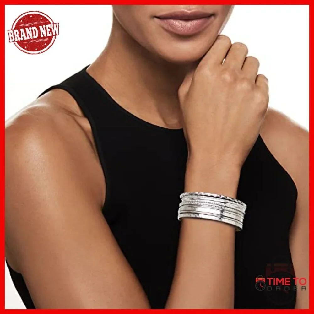 Sterling Silver Bangle Bracelet Set, 7 Textured Bangles, Clasp-Free